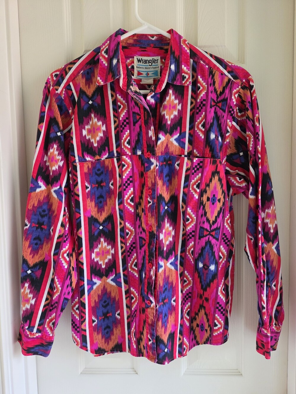 Vintage 90s Wrangler Brushpopper Western Shirt‎ Aztec Geometric Neon Pink Size M